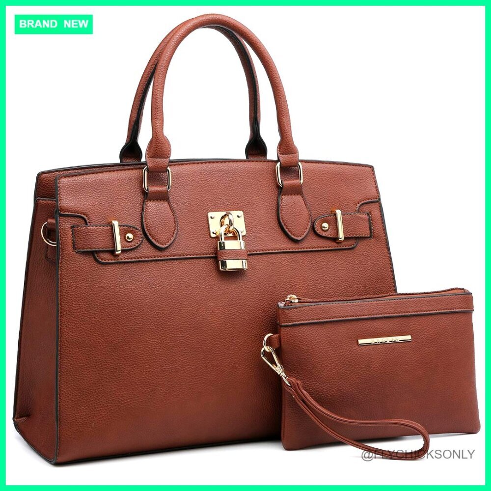 Large Vegan Leather Satchel Tote with Matching Clutch for Work